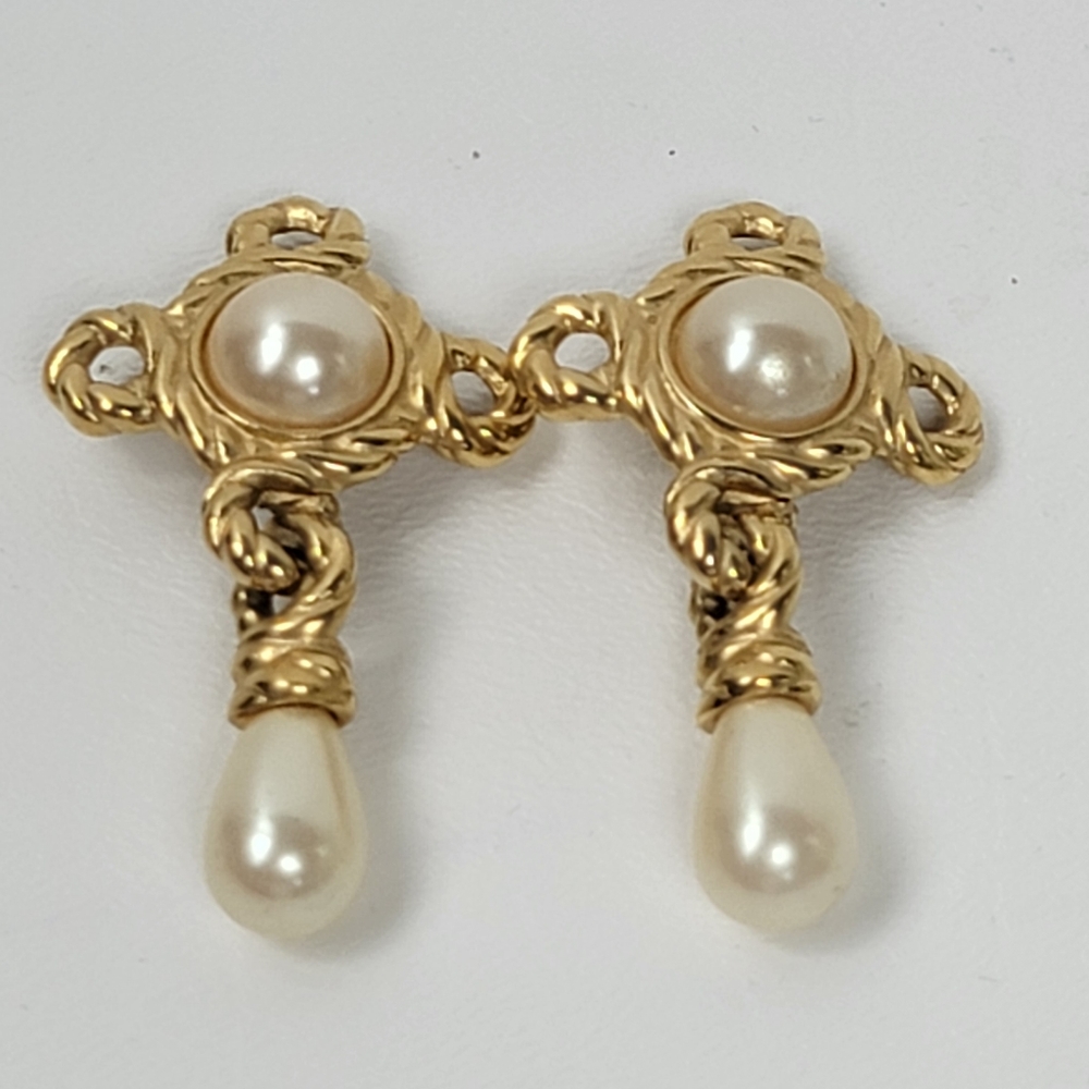 Vintage Givenchy Drop Dangle Faux Pearl Cross Clip on Signed Earrings/Jewelry